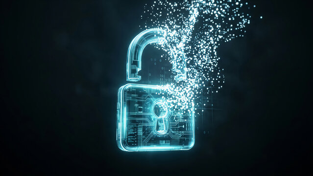 Digital padlock with glowing particles disintegrating.