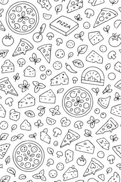 Minimalist vector illustration featuring scattered pizza slices and cheese doodles, created as a seamless food pattern background for cafes, packaging, party themes, and creative layouts.