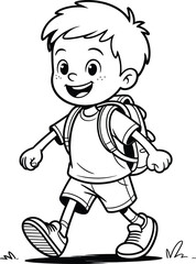 Cute school boy with backpack walking happily in black and white line. © Uhnus