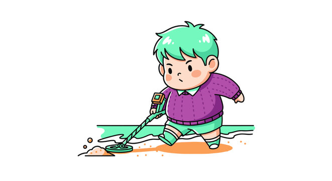 Cute cartoon boy playing video game controller joyfully.