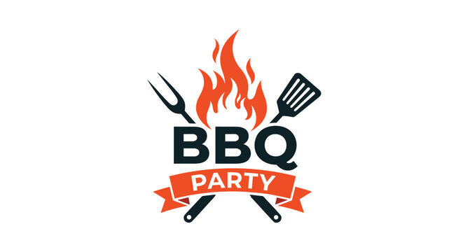 Barbecue party logo featuring crossed grilling fork and spatula behind orange flames with bold text suitable for summer cookout event promotions.
