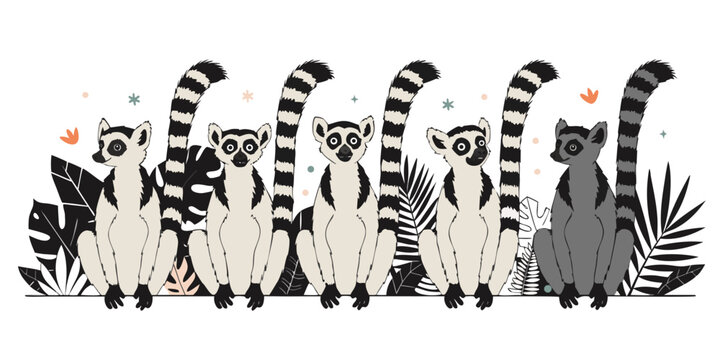 Five ring tailed lemurs sitting in a row against a background of lush tropical jungle leaves with wildlife