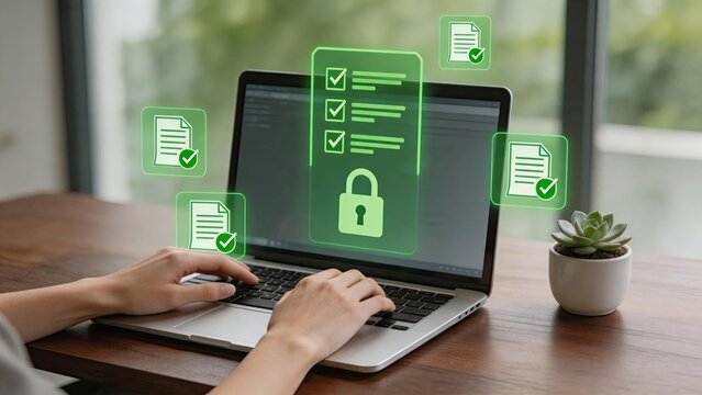 Digital document security verification on laptop screen, green holographic interface showing file protection and checklist approval for secure data management.