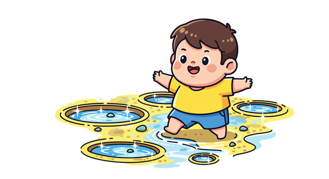 Happy cartoon boy playing joyfully in colorful puddles outside.