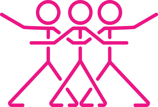 Three stick figures linked arms together showing connection unity.