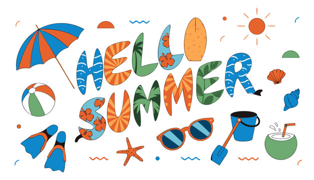 Colorful hello summer text with beach icons