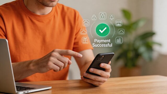 Man confirming successful mobile payment on smartphone, online shopping transaction, secure digital banking and e-commerce checkout process concept illustration.