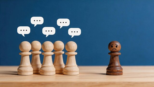 Lonely dark chess piece excluded from group of light pieces with speech bubbles, social isolation, bullying, exclusion and loneliness concept on blue background.