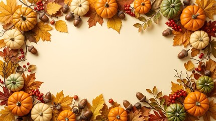Fototapeta premium Autumn leaves border frame with colorful fall foliage background in warm natural style