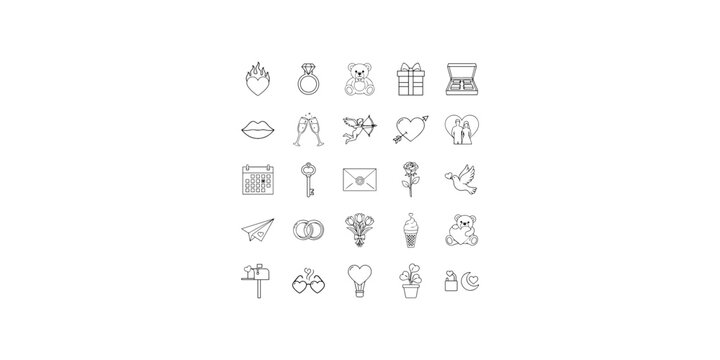 A set of 25 black and white line art icons arranged in a 5x5 grid.