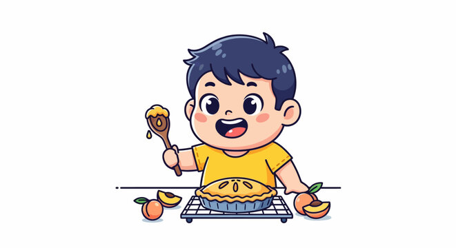 Happy cartoon boy eating corn and fruit at table.
