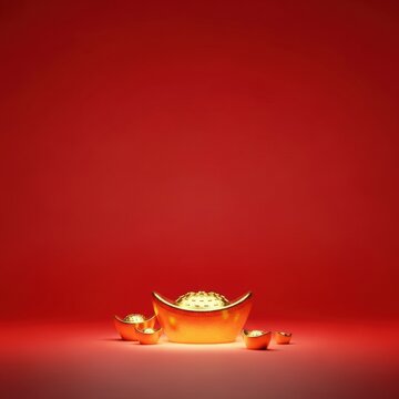 Golden Chinese sycee yuanbao ingots on red gradient background. Five traditional symbols of wealth and prosperity for Lunar New Year celebration. Minimalist studio composition.