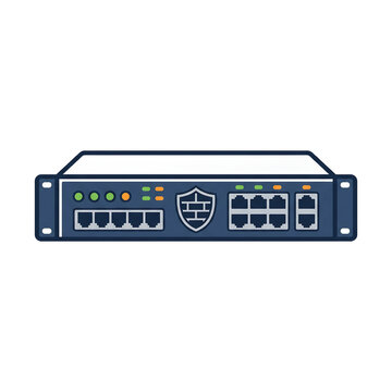 Illustration of a network firewall or router device with multiple ethernet ports and a security shield icon, representing cybersecurity infrastructure.
