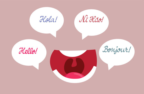 Person Saying Hello in Many Languages Vector Illustration. Speaker talking in multiple languages fluently 
