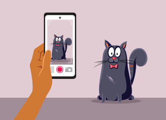 Hand Holding Phone Photographing Domestic Pet Cat Vector Illustration Graphic. Pet owner using smartphone camera takes picture of cute kitty  © nicoletaionescu