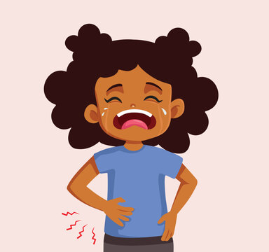 Girl Screaming Appendix Pain Side Ache Vector Graphic Illustration. Child crying from stomach discomfort experiences sharp appendicitis symptom holding abdomen 
