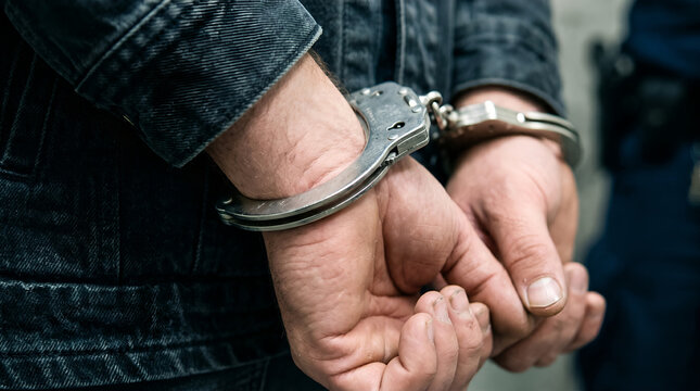 Closeup photo of a guilty suspect arrest with handcuff by police in a jail for a serious crime law and justice concept