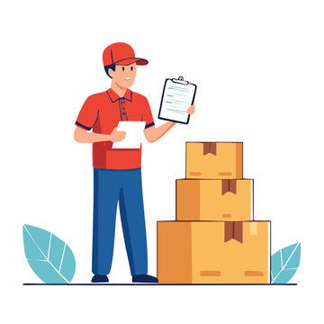 Delivery man holding clipboard and documents with boxes