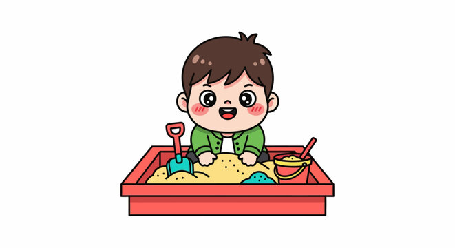 Happy young child playing joyfully in sandbox outdoors.