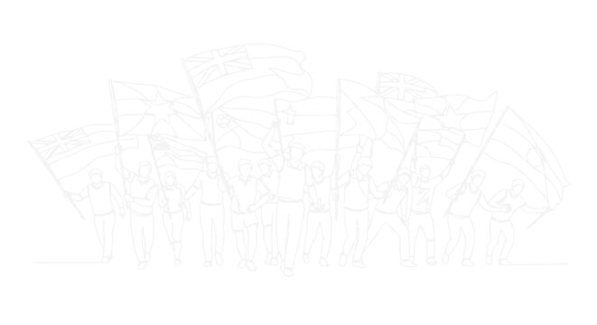 Crowd of people holding flags, line art, minimalist, protest, demonstration, celebration