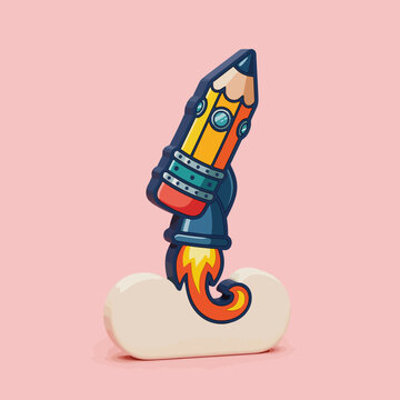 A stylized pencil rocket launching from a soft white cloud base