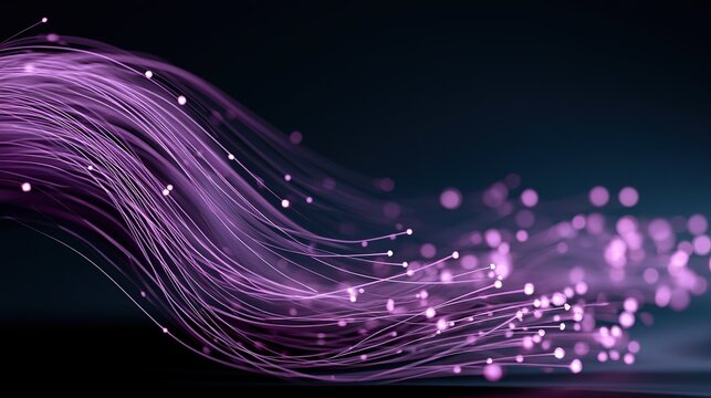 Abstract glowing graphic with flowing purple luminous strands and spherical dot endpoints, wavy light lines over dark blue black gradient backdrop, futuristic tech decorative background design