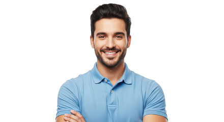 Fototapeta premium Smiling young man with beard wearing a blue polo shirt isolated on transparent background