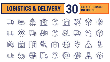 Boxes line icon set. Package, delivery, warehouse, truck, freight location tracking minimal vector graphics. Simple outline signs for logistics service. Blue duotone color. Editable Stroke. © Tanha