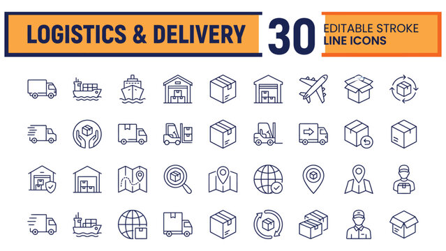 Boxes line icon set. Package, delivery, warehouse, truck, freight location tracking minimal vector graphics. Simple outline signs for logistics service. Blue duotone color. Editable Stroke.