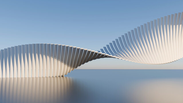 Abstract white wave structure in modern minimalist style against clear blue sky background. 3D rendering