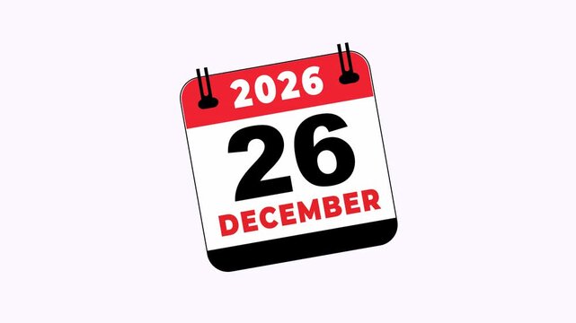 Red, white, and black december 26th calendar page for the year 2026. Suitable for holiday, scheduling, planning, or time management concepts.