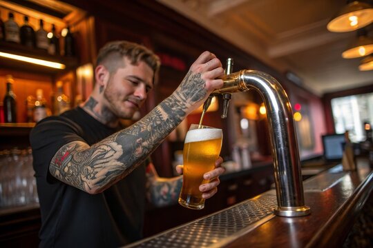 Tattooed bartender pours golden beer from tap