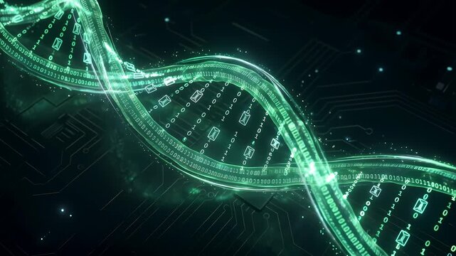 Digital DNA helix technomorph evolution into binary code. 4K Video