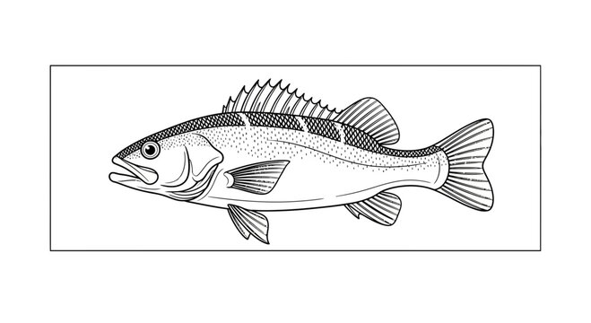 Line Art Illustration of a Walleye Fish, Side View, Isolated on White Background