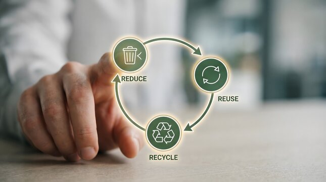 Person pointing a finger at a green recycling loop diagram detailing the reduce reuse and recycle sustainable environmental workflow