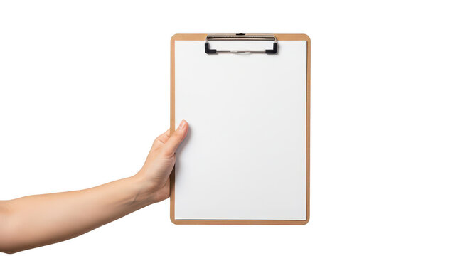 Person holding a wooden clipboard with a blank paper sheet isolated on transparent background
