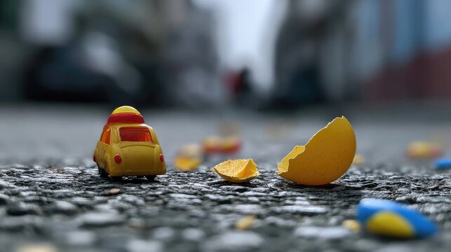 Small yellow toy car near broken eggshell on a gritty street