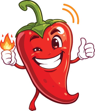 Cartoon chili pepper character flame thumbs‑up spicy fun concept