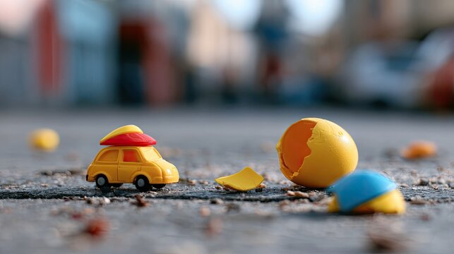 A miniature yellow car with a toy turtle on a broken yellow egg