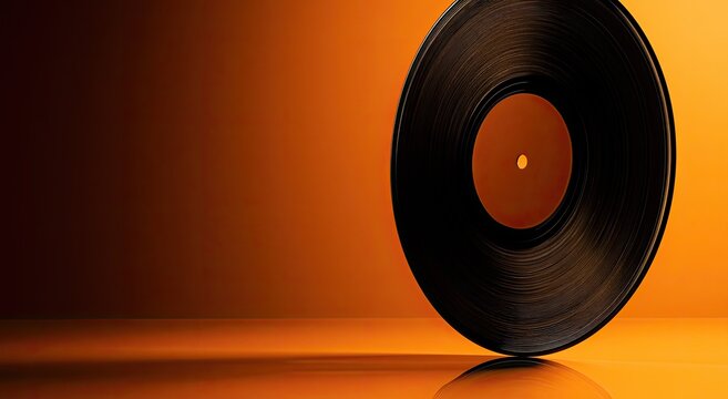 A vintage vinyl record stands, reflecting on a glossy surface against a warm, gradient background