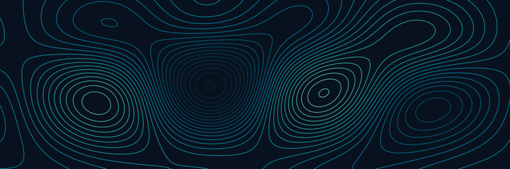Topographic contour line map on dark background, representing digital terrain mapping and geographic data visualization for modern tech banners. © Arina