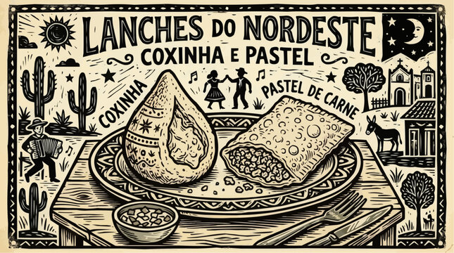 
Woodcut-style illustration (typical of cordel literature) for a traditional snack bar serving Northeastern and Brazilian cuisine, specifically pastel and coxinha.