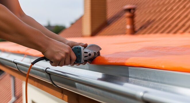 Professional roofer applying orange sealant to metal roof gutter system during exterior home maintenance and repair