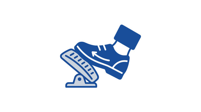 Foot pressing car accelerator pedal, close-up, motion arrow, blue icon on white background