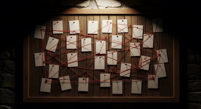 Conspiracy theory investigation board with red string connections dramatic lighting stone wall background