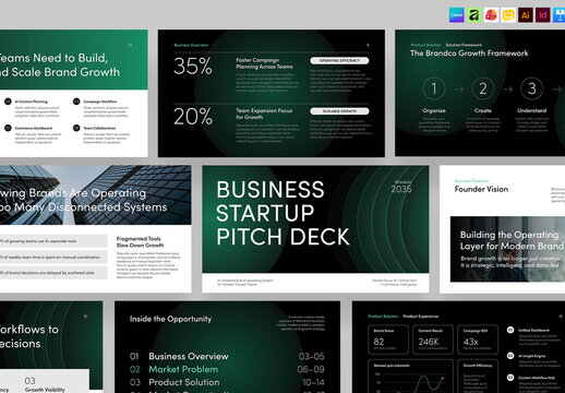 Business Startup Pitch Deck Template, Investor Presentation, Startup Proposal Slide Design in Minimalist Green Style