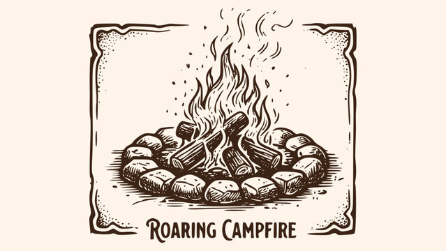 Campfire sketch with logs and stones, vintage outdoor fire illustration