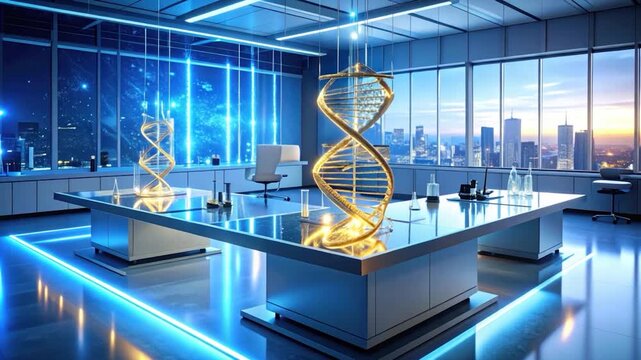 Futuristic lab interior with DNA helix sculptures and cityscape views