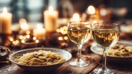 Fototapeta premium Romantic dinner setting with pasta and wine glasses illuminated by soft candlelight, perfect for a special occasion or intimate gathering