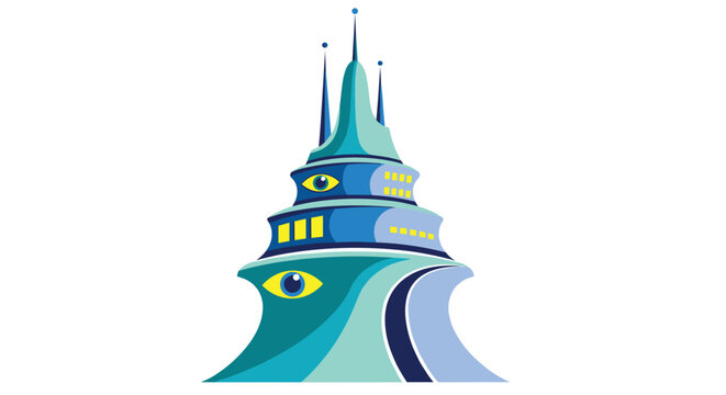 Abstract futuristic blue tower features eye-like windows and a central spiral design in this unique sci-fi architecture.